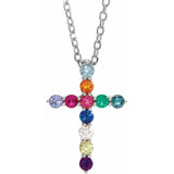 14K White Gold Natural Multi-Gemstone & .03 CT Natural Diamond Cross 16-18