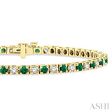 1 1/2 ctw Square Box Link 2.5MM Emerald and Round Cut Diamond Precious Tennis Bracelet in 14K Yellow Gold