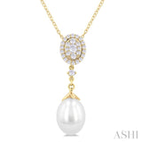 1/5 Ctw Oval Shape Mount 9X7 MM Cultured Pearl Drop and Round Cut Diamond Fashion Pendant With Chain in 14K Yellow Gold