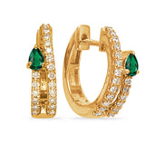 14 KT Emerald Shape Yellow Gold Diamond & Emerald Hoop Earr