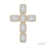 1 1/2 Ctw Cross Fusion Baguette and Round Cut Diamond Fashion Pendant in 14K Yellow and White Gold