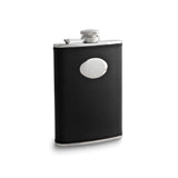 Rebel Steel Black Faux Leather Covered Stainless Steel 6 ounce Hip Flask with Funnel and Oval Engraving Area